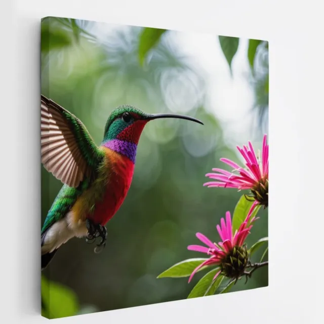 Saammp Canvas Schilderij - Kolibrie - Portret - Natuur - Dieren - 30x30 - Foto op canvas - Wanddecoratie - Muurdecoratie Woonkamer - Slaapkamer decoratie - Canvas Print Multicolor