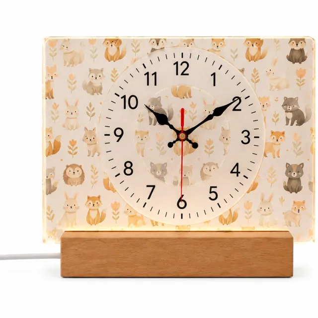 SWGOTA Verlichte analoge tafelklok 20 x 13 cm met dierenillustraties, transparant paneel en voet Bruin
