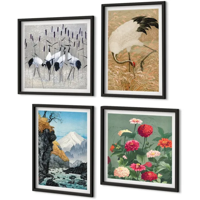 Coloray 4-Delige Schilderij Set - Bergen In Het Landschap, Een Rivier, Bloemen En Kraanvogels In Het Gras. - 40 x 40 cm En 40 x 60 cm - Wanddecoratie - Muurdecoratie - Woonkamer Zwarte lijst
