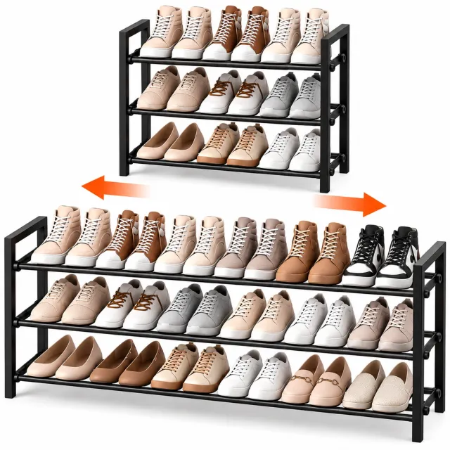 BOTC Schoenenrek - Uitschuifbaar 85-115 cm - 3 Niveaus - Ruimtebesparend Schoenenrek voor Hal & Kledingkast - Verstelbaar - Metaal - Zwart