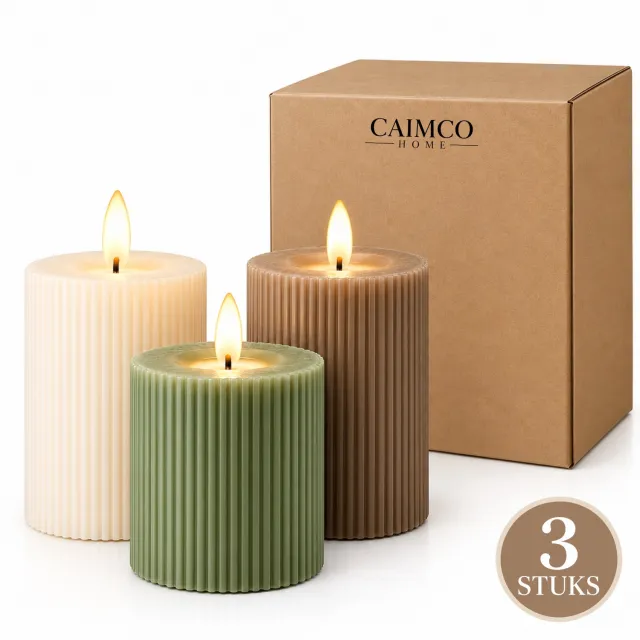 Caimco LED Kaarsen Set van 3 met Timer – Stompkaarsen op Batterijen – Realistische Flakkerende Vlam – Ribbel Design – 2x AA Batterij per Kaars – 3000 branduren Drie kleuren set
