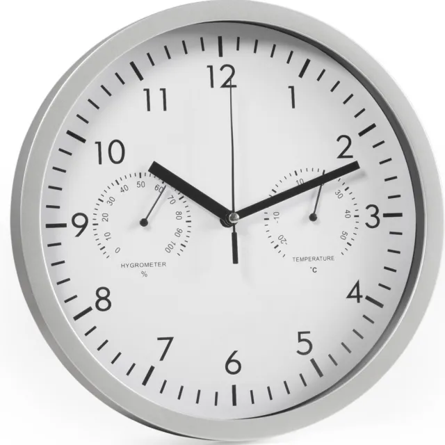 McPower Wandklok met stille uurwerk - Muurklok met thermometer en hygrometer - Klok modern 25cm Ø Zilver/ wit