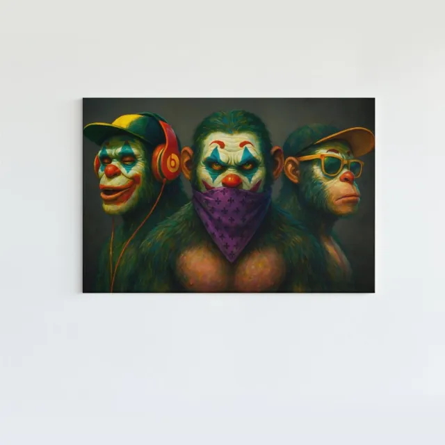 Trendex Global Canvas Schilderij - Street Art - 3 Apen - Wanddecoratie - 120x80x2 cm Kleurrijk