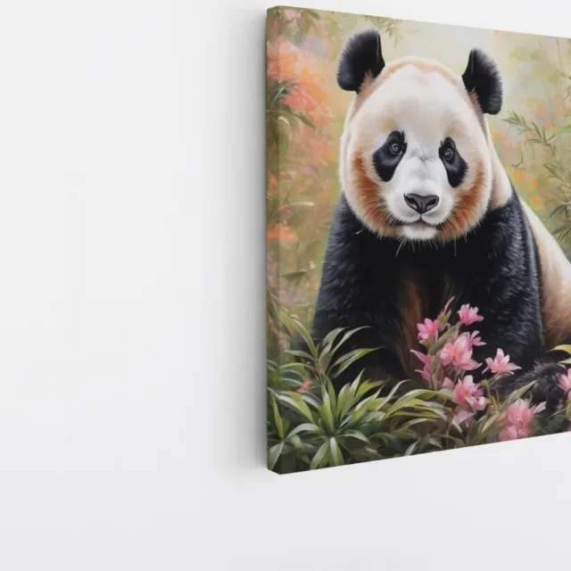 Saammp Canvas Schilderij - Panda tussen de bloemen - Dieren - Abstract - 100x100 - Foto op canvas - Wanddecoratie - Muurdecoratie Woonkamer - Slaapkamer decoratie - Canvas Print Multicolor