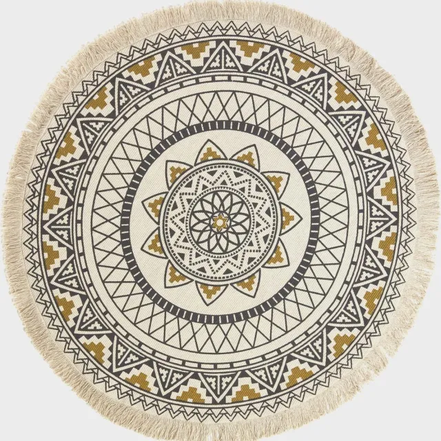 Homescapes rond boho vloerkleed zwart, wit en goud met franjes, 145 cm Goud/Zwart