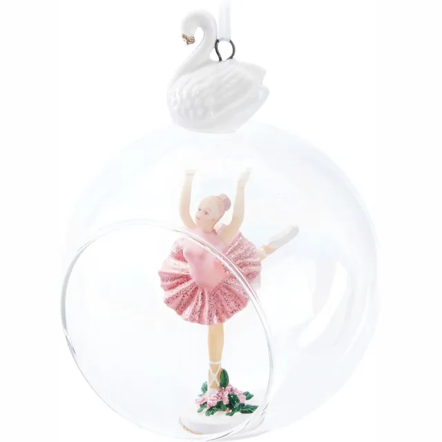 Brubaker Premium Kerstballen Ballerina In Roze Jurk - 10 Cm Glazen Bal Met Zwaan Porseleinen Figuur - Transparante Kerstboom Bal Met Balletdanser - Kerstbal Ballerina en Zwaan
