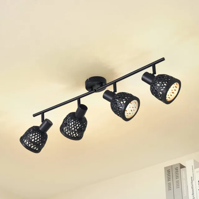 Lindby plafondlamp hout - 4lichts - Bamboe, metaal - H: 20 cm - E14 - zwart