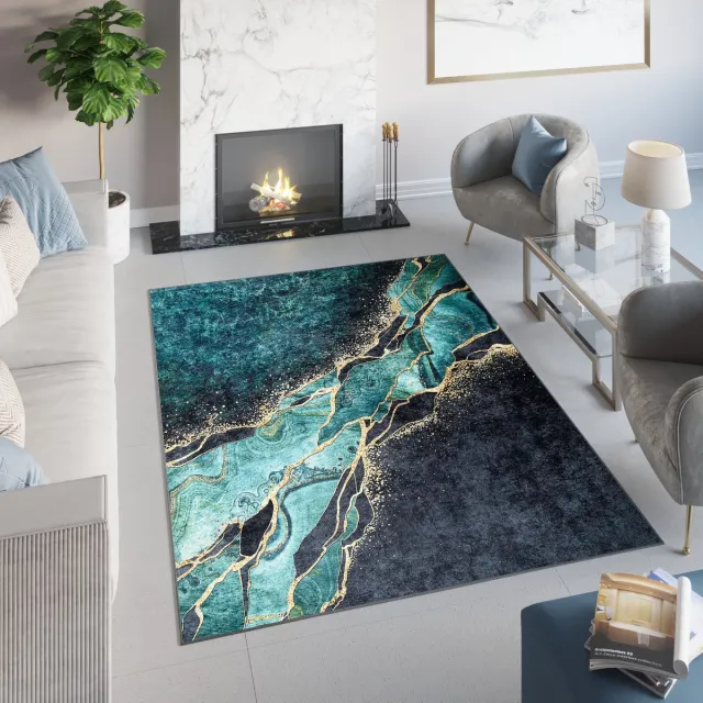 Tapiso Toscana Vloerkleed Abstract Donker Groen Gouden Tapijt Donkergroen 2