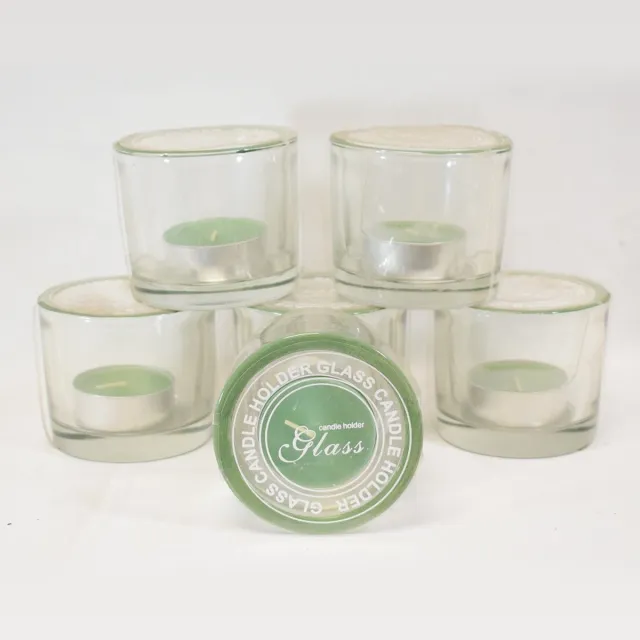 ZoeZo Design 6 stuks - waxinelichtjeshouder - zwaar glas - glas - groene rand - met theelichtjes - H8 x Ø8 cm - herbruikbaar helder glas - groen