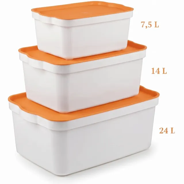 Indecor Opbergboxen met Deksel Set van 3 – 7,5L, 14L en 24L – Kunststof Opbergdozen met Oranje Deksel – Opbergbox voor Kleding, Sokken en Accessoires