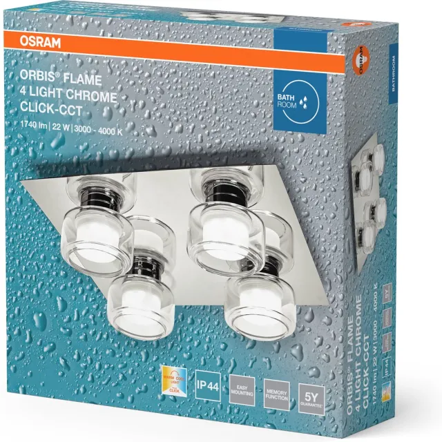 Osram ORBIS Flame wand- en plafondlamp met LED, chroom, 22W, 1400lm, 3000/4000K, kleurtemperatuur instelbaar via wandschakelaar (koud wit en warm wit), IP44 bescherming tegen vreemde voorwerpen en spatwater