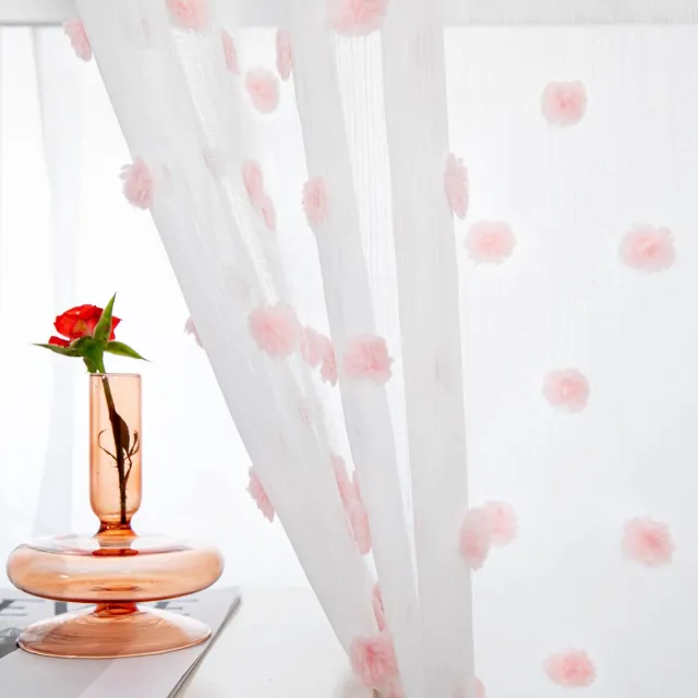 Ibenzoa Elegant en Stijlvol Set van 2 Semi-Transparante Gordijnen met Pompom-Borduursels voor Slaapkamer en Woonkamer roze