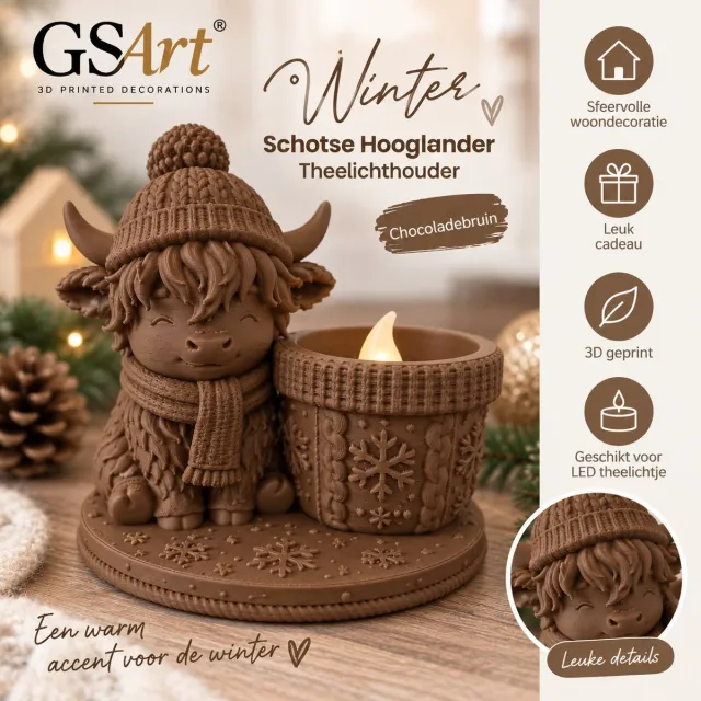 GSArt Theelichthouder Schotse Hooglander Winter – inclusief LED-kaarsje - Chocolade bruin