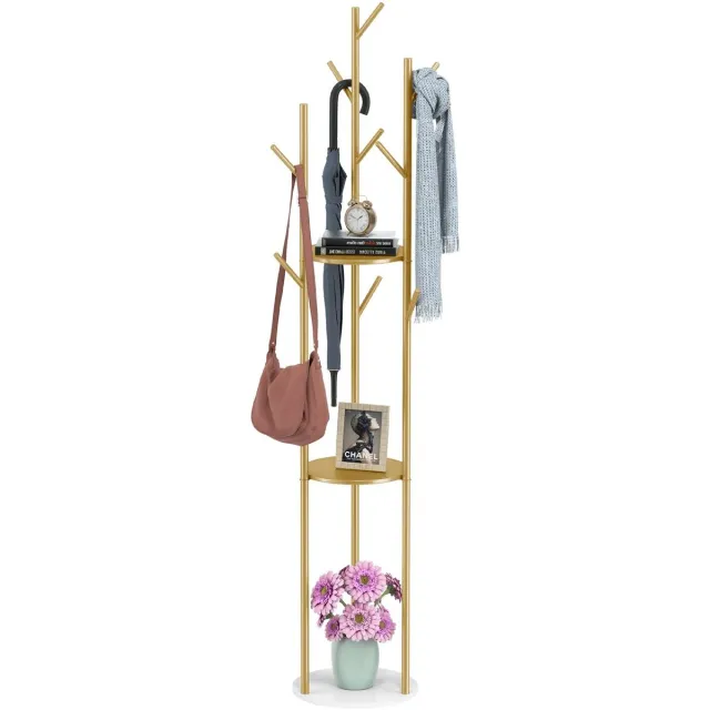 LabelOne Kapstok - Kapstok Staand - Jassenrek - 31,7x172,5 cm - 9 haken - 3 planken - metalen frame - marmeren voet - goud