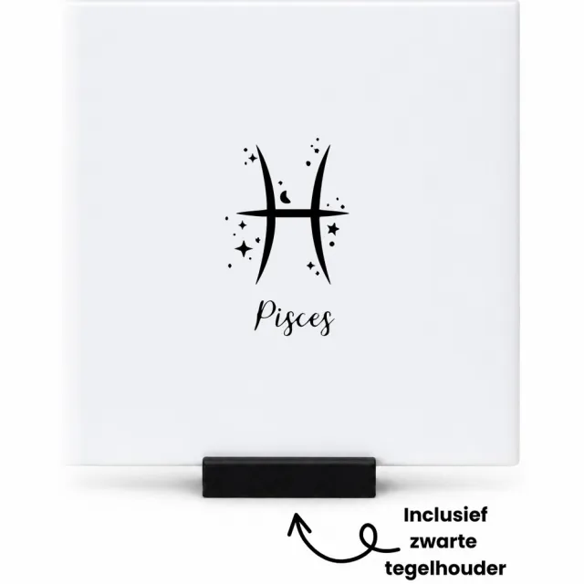 Hacebo Pisces tegeltje met tegelhouder - Sterrenbeeld vissen - Familie vrienden - tegeltjes met tekst - Cadeau - spreuktegels - 10.8x10.8 CM Wit