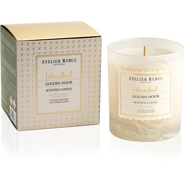 Atelier Rebul Istanbul Golden Hour - Geurkaars (210g) - 45 Branduren - Sojawas - Gourmand & Oriëntaalse Geur marmer
