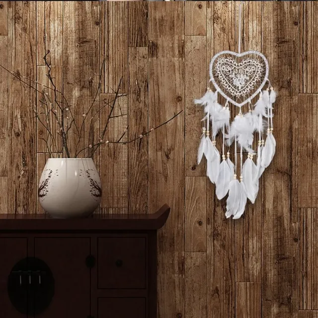 Go Go Gadget Grote Handgemaakte Dromenvanger - Indianen Deco - Hart met Kraaltjes & Veren - Wit