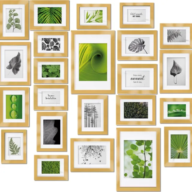bomoe Nature Set van 24 Fotolijsten Houten Picture Frames - 10x 10,5x15cm / 8x 13x18cm / 4x 15x20cm / 2x 20x30cm - kunststof glas Fotolijst van Hout - Metalen Ophanging - Standaard & Passepartout - Goud