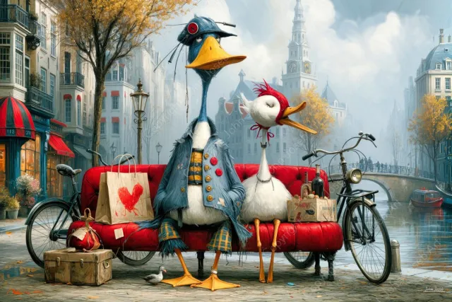 John Joseb Art (Aluminium) 120x80 | Grappige eenden op een rode bank in Amsterdam stad, humor, abstract, gracht, fiets, Nederland, tas, dier, vogel, eend, kunst, rood, blauw, geel, modern | foto-schilderij op dibond, metaal wanddecoratie Aluminium, dikte 3 mm