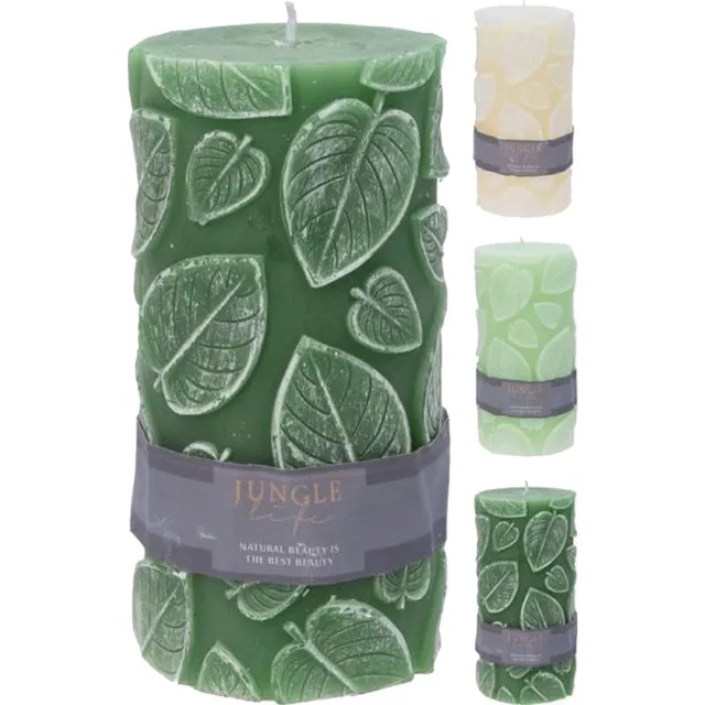 H&S Decoration Stompkaars - blad print - per 3 stuks 18x7 cm - kaarsen - woondecoratie groen-mint en ivoor