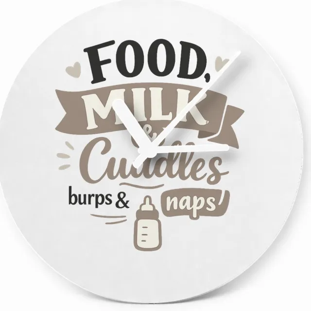 Mr Cadeautjes Glazen klok Ø 20 - design Speels typografisch babycadeau met focus op eten en knuffelt | cadeau Wit