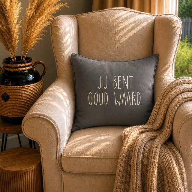 Maison Marcella Kussen Kussenhoes met tekst bedrukt cadeau | jij bent goud waard | opdruk goud | opa oma mama papa juf meester bedanken collega vriendin juffendag vaderdag moederdag | 40x40cm grijs woonkamer luxe zacht