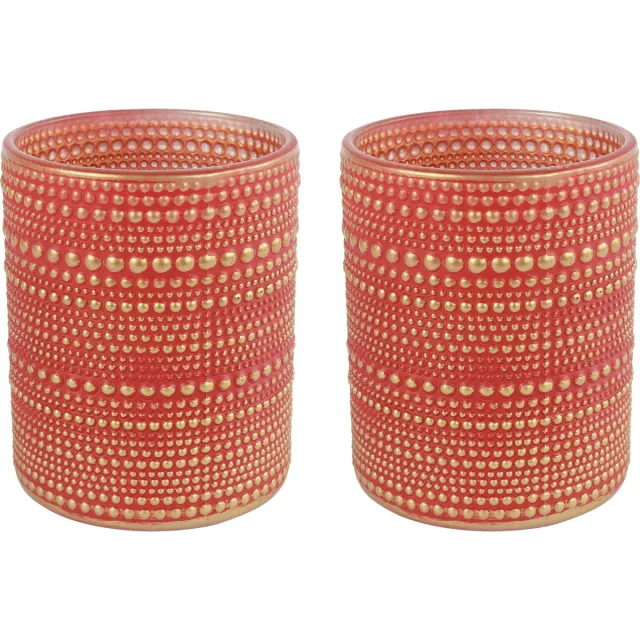 Countryfield Luxe theelichthouder - 2x stuks - Aurora - glas - rood/goud - D8 x H10 cm