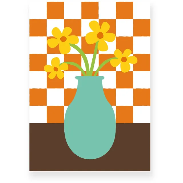 Yisual Poster 50x70 cm - Vaas met Bloemen - Geblokte Tegels - Turquoise - Oranje - Vintage - Eclectisch - Muurdecoratie - Wanddecoratie