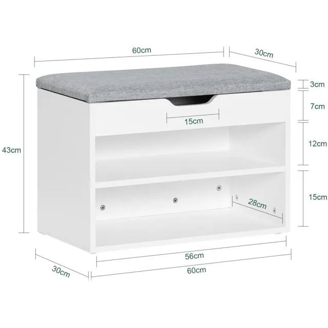 MokoHub Schoenenbank met Zitbank - Schoenenrek - Schoenenkast - 2 opbergvakken - 60×43×30 cm - Wit & Lichtgrijs