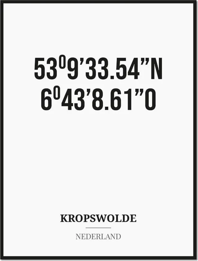 Studio216 Poster/kaart KROPSWOLDE met coördinaten zwart, wit