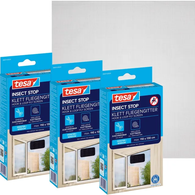 Tesa INSECT STOP H&L Fly Screen for Window - hor met klittenband, op, zonder boren, antraciet - 3x 110 x 130 cm