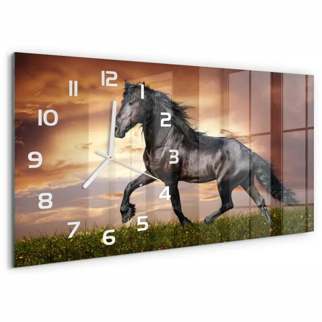 TULUP Wandklok - Paard Decoratieve Glazen Klok - 60x30 cm - Bruin Glazen Wandklok Design - Witte handen - Rechthoekige Klok - Glazen Klok Met Print - Wandklok Glas Met Motief