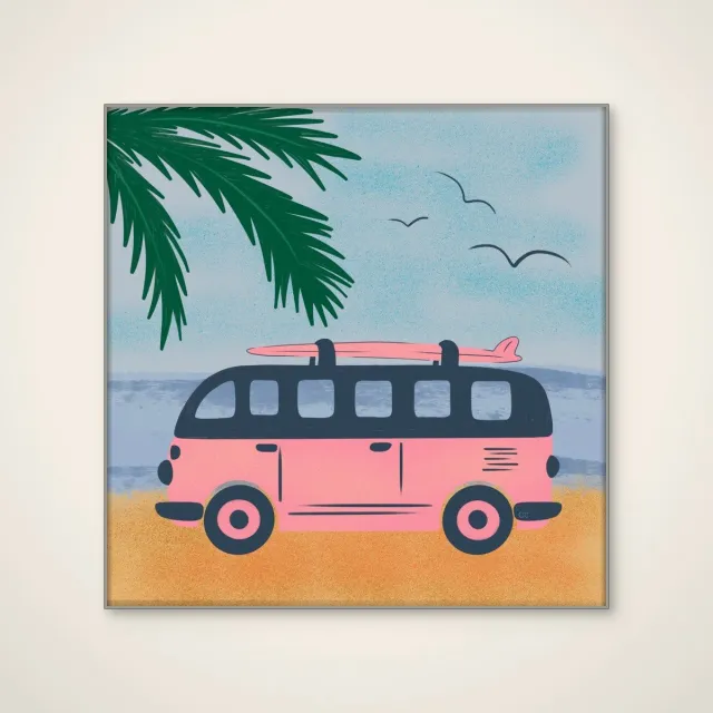 HelloWalls Akoestisch schilderij - 100 x 100 cm - Pink Beach Camper van Carrie Cantwell - Abstracte wanddecoratie - zilver textielframe Meerkleurig
