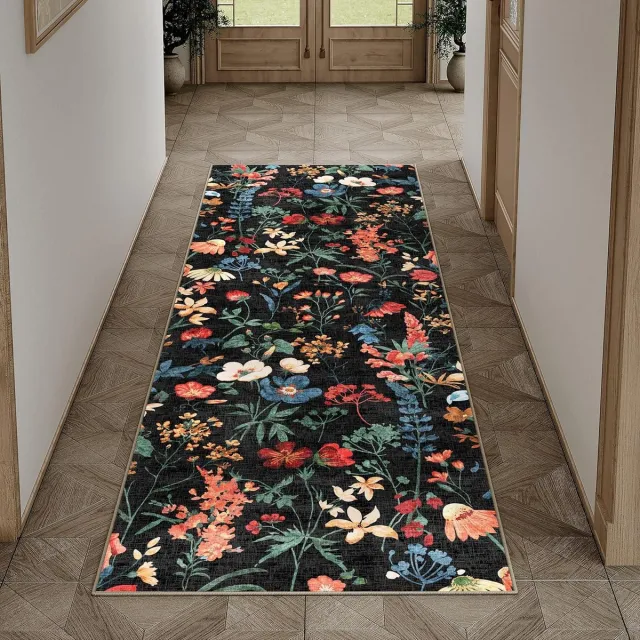 Famanu Bloemenprint vloerkleed runner - 60 x 180 cm - zacht - antislip - machinewasbaar - boho-stijl - keuken - slaapkamer - kantoor Kleur: Zwart