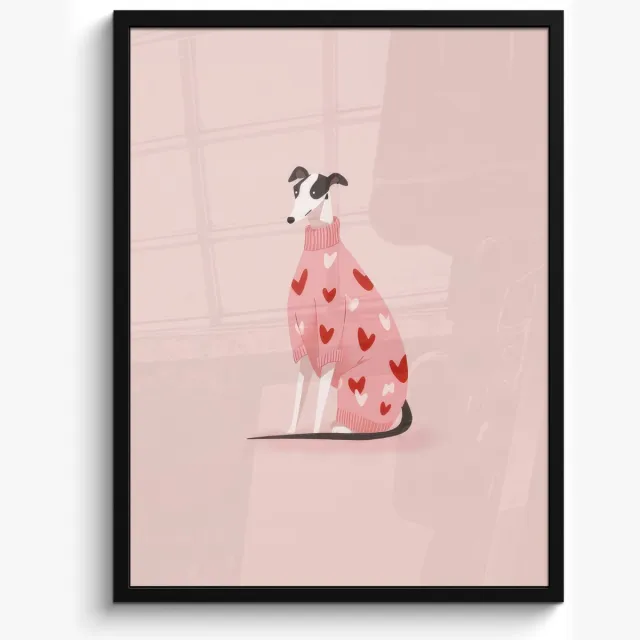FrameYourWall Poster in lijst - Fotolijst 50x70 cm - Posters - Hond - Hartjes - Roze - Posterlijst zwart - Decoratie - Wanddecoratie woonkamer - Muurdecoratie slaapkamer