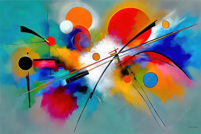 John Joseb Art (Glas) 90x60 | Kandinsky stijl, abstract geometrisch, cirkels, strepen, kleurrijk, kunst | rood, geel, blauw, oranje, wit, modern | Foto-schilderij-glasschilderij-acrylglas-acrylaat-wanddecoratie Acrylglas, dikte 5 mm