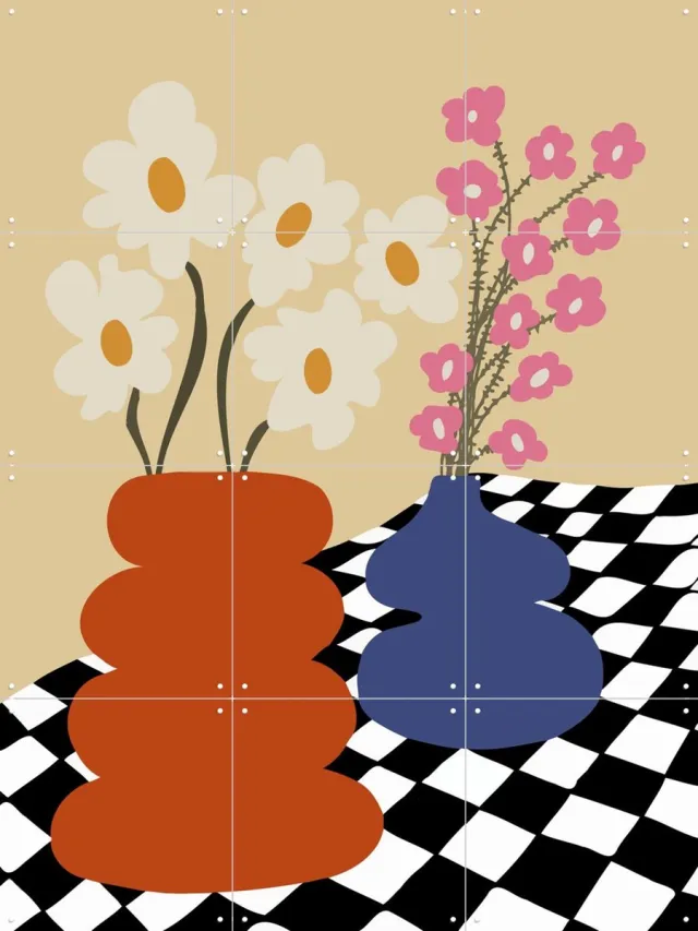 IXXI Two Blooming Pottery, Miho Art Studio & Various - 60 x 80 cm - Grote wanddecoratie en posters - Digitale Kunst, Geometrische Kunst, Abstract Blauw / Rood / Geel