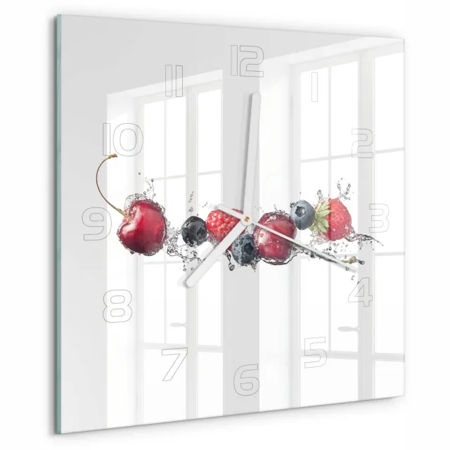 TULUP Wandklok - Bosvruchten Wandklok Glas Met Motief - 30x30 cm - Rood Decoratieve Glazen Klok - Witte handen - Vierkante Klok - Gekleurde Glazen Klok - Glazen Klok Met Print