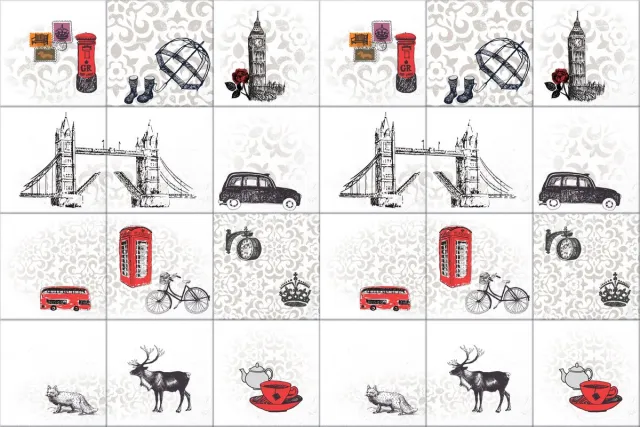 Walplus Londen Tegelsticker - Zwart/Wit/Rood - 15x15 cm - 24 stuks