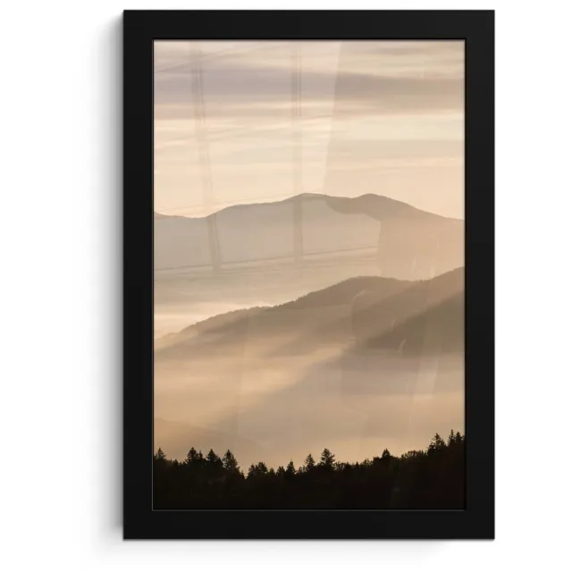 FrameYourWall Poster in lijst - Fotolijst 20x30 cm - Posters - Bergen - Mist - Zonnestralen - Posterlijst zwart - Decoratie - Wanddecoratie woonkamer - Muurdecoratie slaapkamer