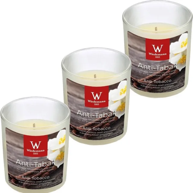 Trend Candles Geurkaars - 3x - in glas - Anti tabac aroma - 25 branduren - 7 x 8 cm - woondecoratie - kaarsen Wit