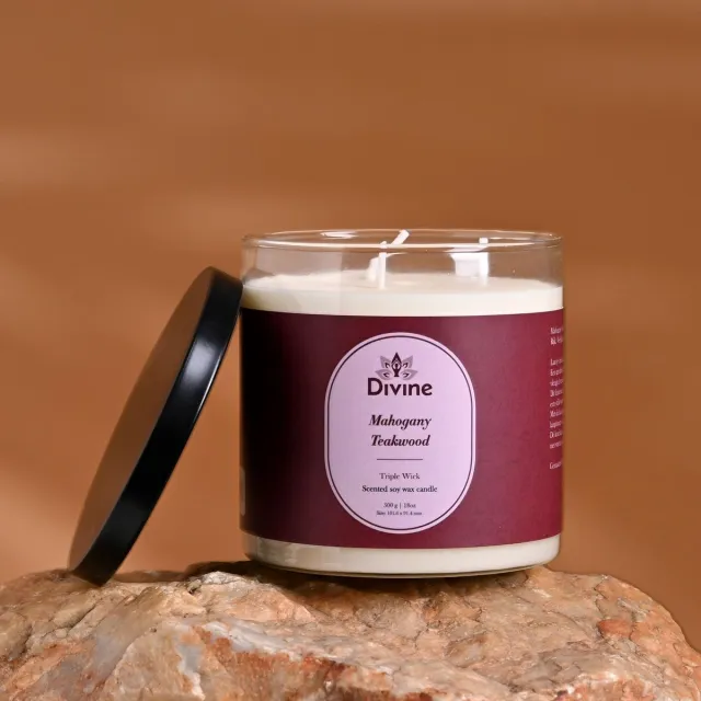 SSK Brand Mahogany & Teakwood Triple Wick Glass Candle -Premium Aromatic Home Deccor Candle Off white