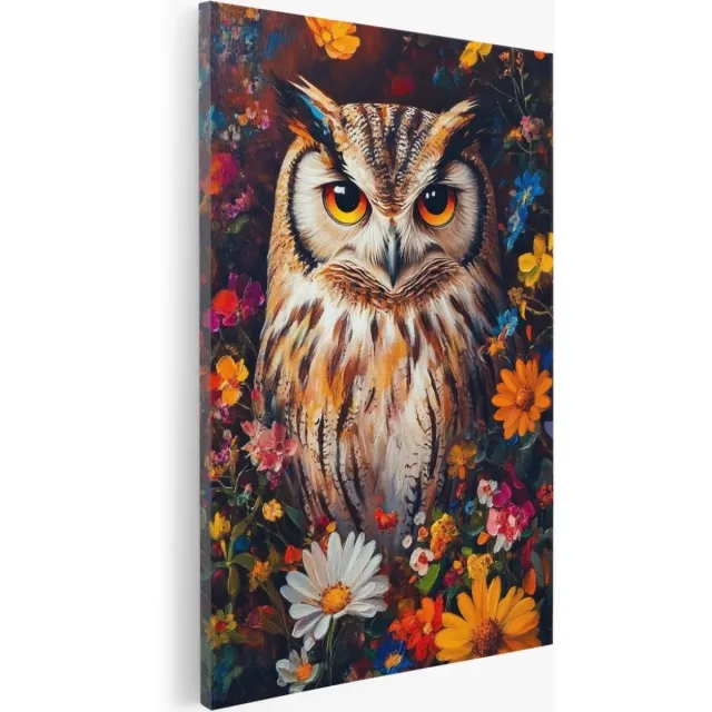 Saammp Canvas Schilderij - Uil tussen kleurrijke bloemen - Abstract - Dieren - Natuur - 40x50 - Foto op canvas - Wanddecoratie - Muurdecoratie Woonkamer - Slaapkamer decoratie - Canvas Print Multicolor