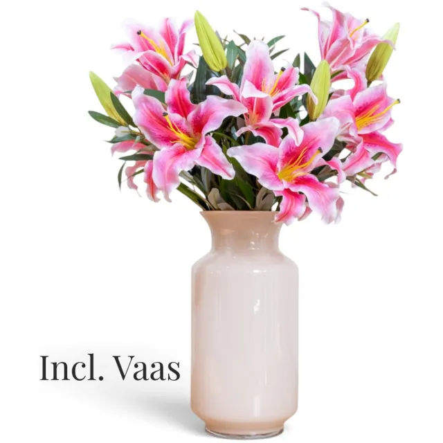 BLOOM & VESSEL Zijden Lelieboeket met Vaas – 75 cm – Boeket Tourmaline – Lelies & Olijftakken – Kunstbloemen – Nepbloemen Roze, Groen, Creme