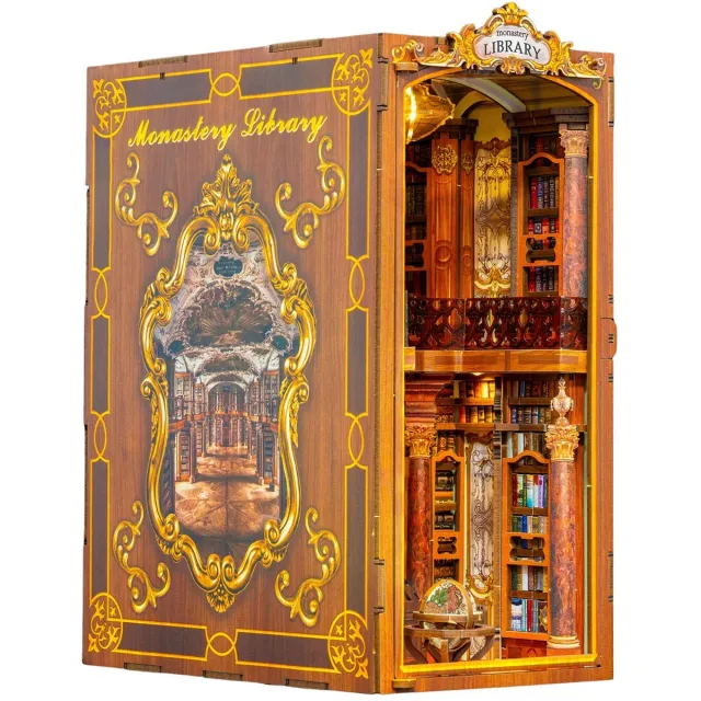 Kitcreatives Bouwpakket 3D DIY Boekensteun Booknook Monastery Library met LED lichtsensor Bruin