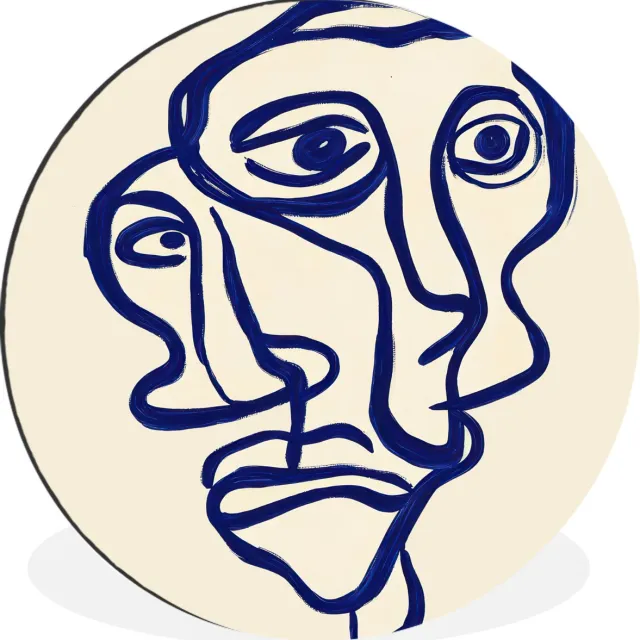 WallCircle Wandcirkel - Muurcirkel - Lijntekening - Overlappende gezichten - Donkerblauw - Aluminium - Dibond - 60x60 cm - Binnen en Buiten Overlappend - Gezichten