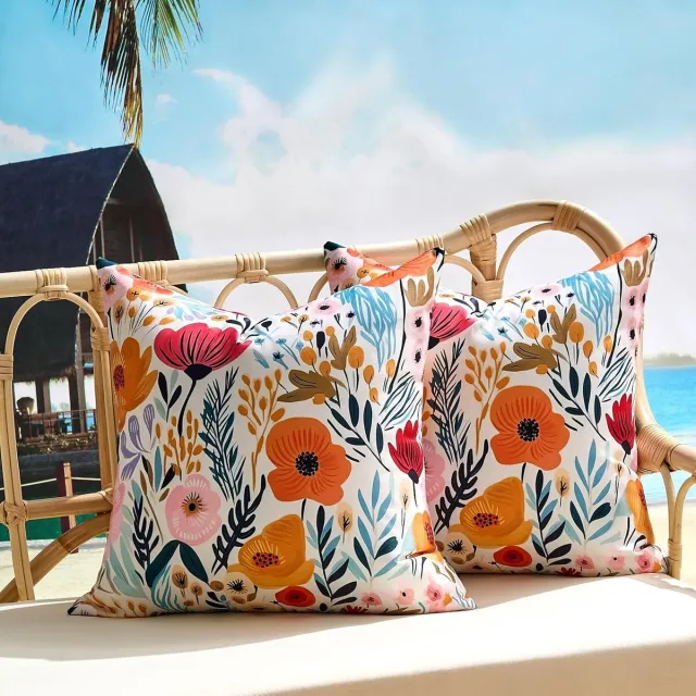 OEMG Set van 2 waterdichte buitenkussens, roze oranje bloem boerderij gooien kussens, vierkante decoratieve lente zomer bloemen afdrukken indoor kussens voor patio tent bed bank woonkamer Veelkleurig