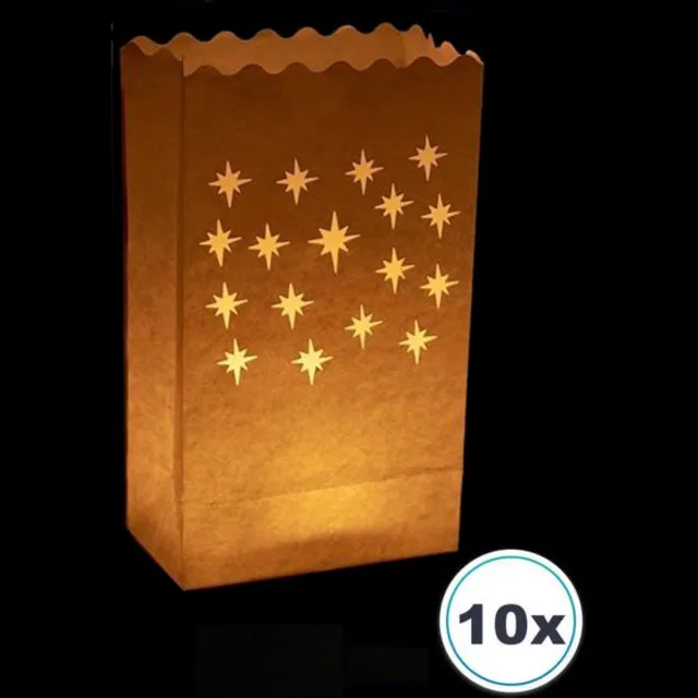 Volanterna 10x Candle Bags KLEINE STERREN – Hoogte 26 cm – Bodem 16x9 cm – Lichtzakken – Brandvertragend Papier – Voor Feest, Tuin, Stilte, Herdenking – Candlebag wit