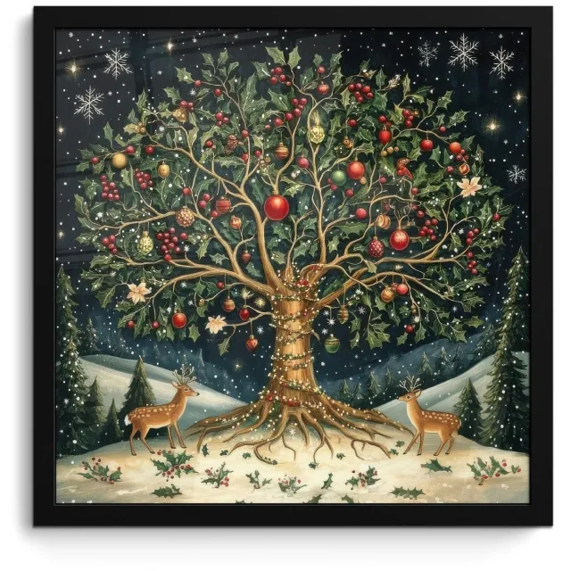 FrameYourWall Poster in lijst - Fotolijst 40x40 cm - Posters - Feestboom - Winterhemel - Kleurrijk - Posterlijst zwart - Decoratie - Wanddecoratie woonkamer - Muurdecoratie slaapkamer - Kerstversiering - Kerstdecoratie voor binnen - Kerstmis