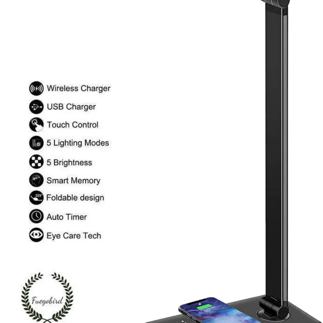 Fuegobird EK009 LED Bureaulamp – Bedrade – Qi Draadloos Opladen Voor Telefoon – Dimbaar – Timer - Opvouwbaar – Smart Touch – Zwart Mat Zwart